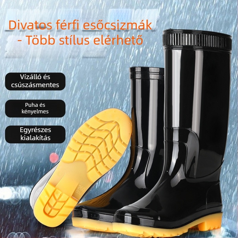 Férfi esőcsizmák – PVC felsőrész, műanyag talp, műszőrme bélés, magas szár, csúszásmentes és meleg