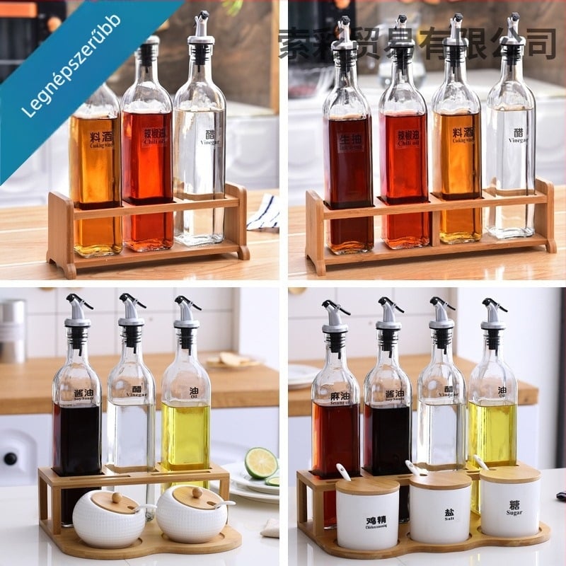 Kerámia fűszertartó készlet a konyhához — olaj, só, szezárolaj, szósz és ecet üvegek automata fedelekkel, japán stílusú