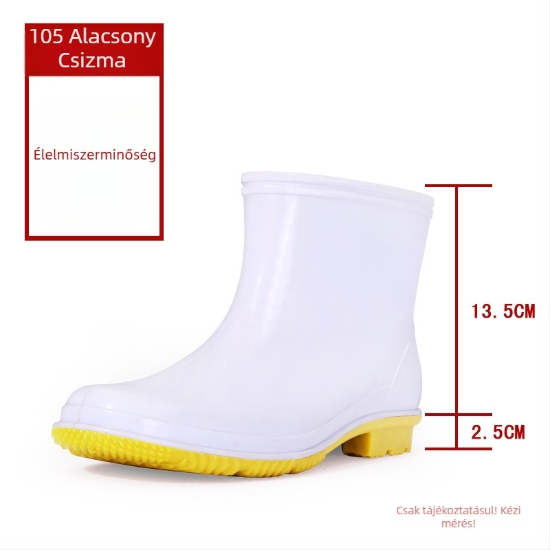 Műanyag esőcsizmák élelmiszeripar számára – higiénikus kantin cipő, középmagasságú, csúszásmentes talp