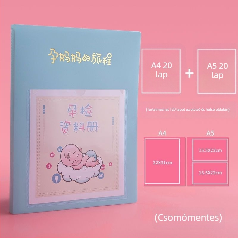Várandóssági vizsgálatok gyűjteményes könyve, műanyag adatkötet, 20 oldal, logó nyomtatva, testreszabás elérhető