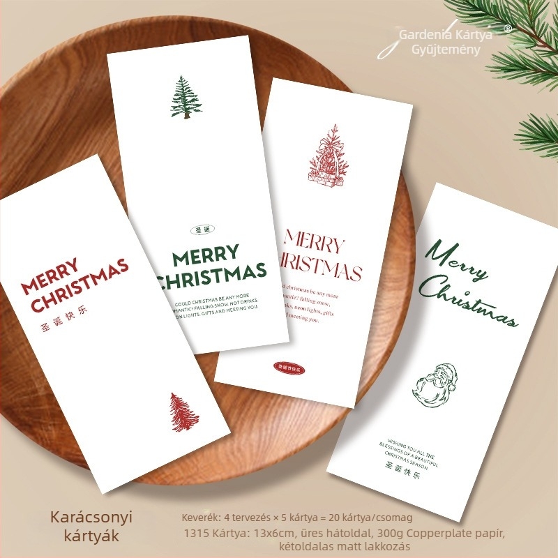 Karácsonyi üdvözlőlap — Gardenia Card Collection; bevont papír, négyszínnyomás, egyszerű és modern stílus