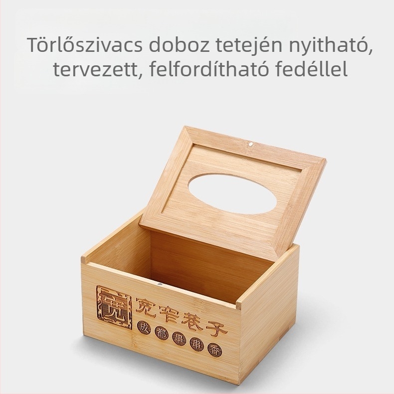 Bambuszból készült fa papírzsebkendő-doboz, téglalap alakú tároló logónyomással, japán stílusú, 18 L kapacitás, nappalira, étterembe és szállodába