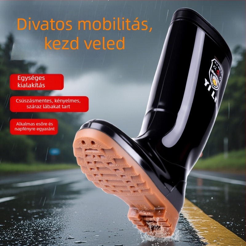 Férfi esőcsizmák - magas szárú, PVC felső rész, talp marháinak inakból készült, csúszásmentes és kopásálló, bélés műszőrme