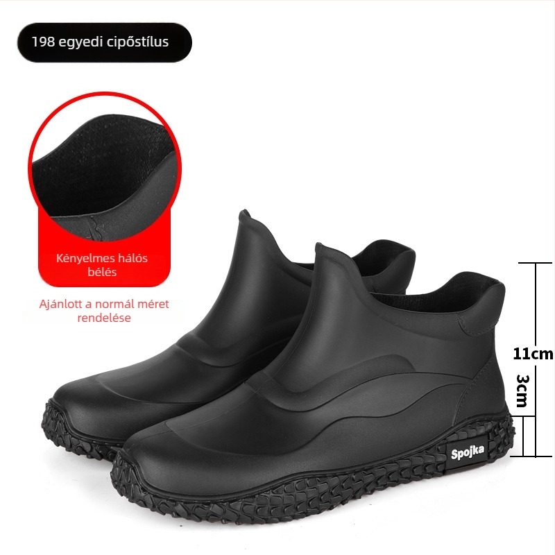 Férfi esőcsizmák, műanyag felső rész és talp, alacsony szár, csúszásmentes és kopásálló