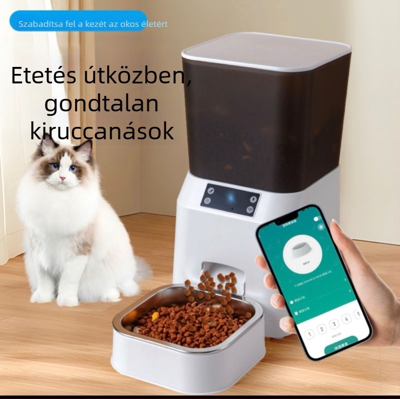 Távirányítható automata etető macskáknak és kutyáknak, időzített adagolás és porciózás, intelligens megfigyelés és hangos értesítés