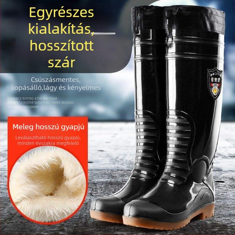 Férfi esőcsizma, magas szárú, fleece-belsővel, meleg, PVC felső rész, gumírozott talp