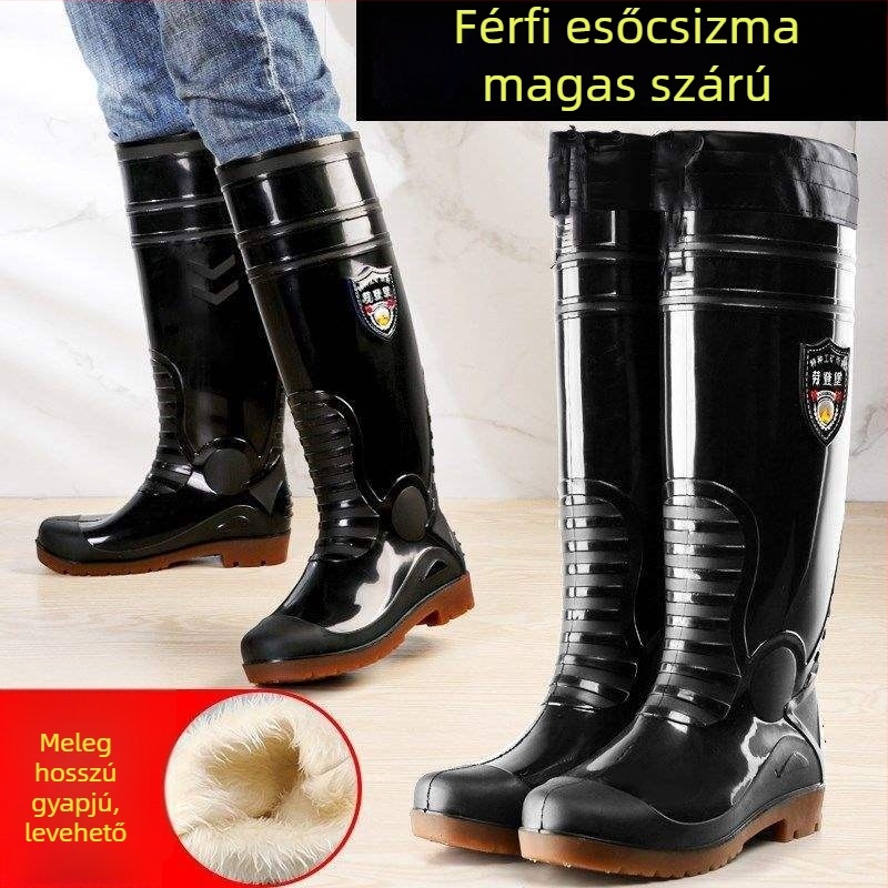 Férfi esőcsizma, magas szárú, fleece-belsővel, meleg, PVC felső rész, gumírozott talp