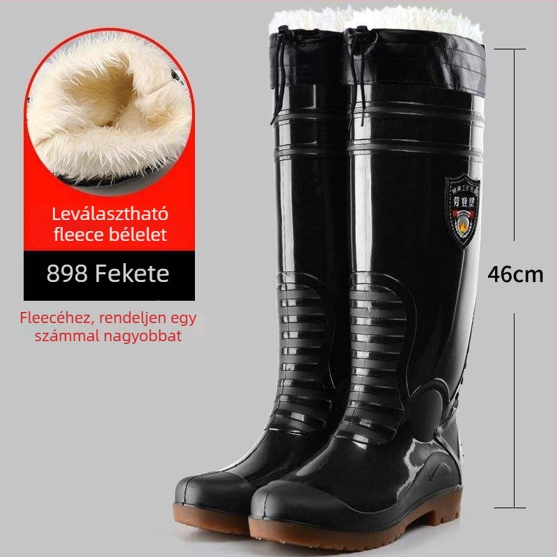 Férfi esőcsizma, magas szárú, fleece-belsővel, meleg, PVC felső rész, gumírozott talp