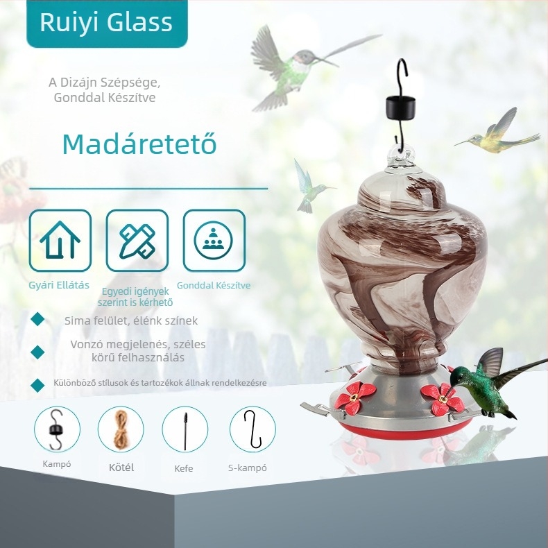 Üvegből készült madáretető és itató, kültéri függő, kreatív üveg műalkotás