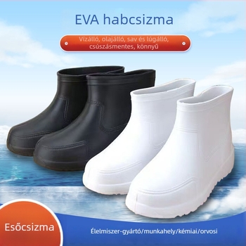 EVA habból készített esőcsizmák - csúszásmentes talp, rövid szár, kerek orr, alacsony sarka (1–3 cm)