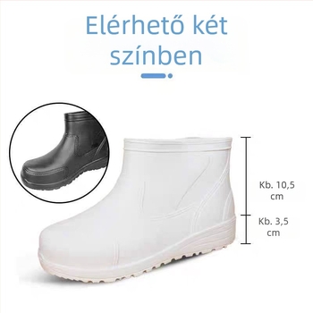 EVA habból készített esőcsizmák - csúszásmentes talp, rövid szár, kerek orr, alacsony sarka (1–3 cm)