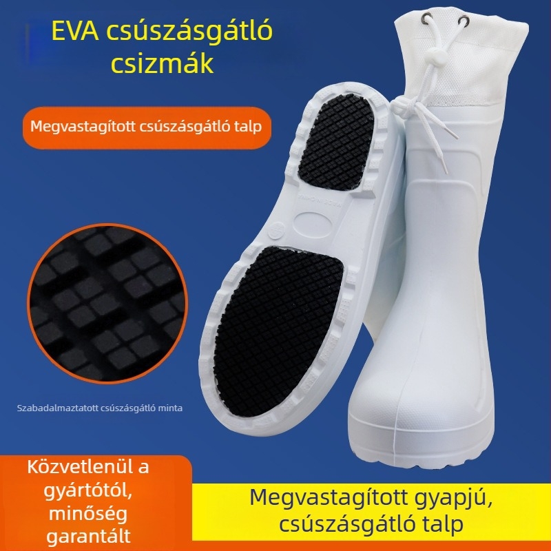 Téli EVA habból készült meleg csizma, könnyű, csúszásmentes, fehér konyhai csizma magas szárú, vízálló és olajálló szakács esőcsizma