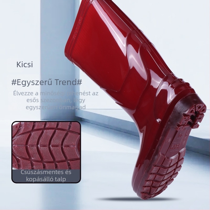 Felnőtteknek szánt esőcsizma — csúszásmentes, kopásálló, műanyag felsőrész és talp, kerek orr, alacsony sarka.