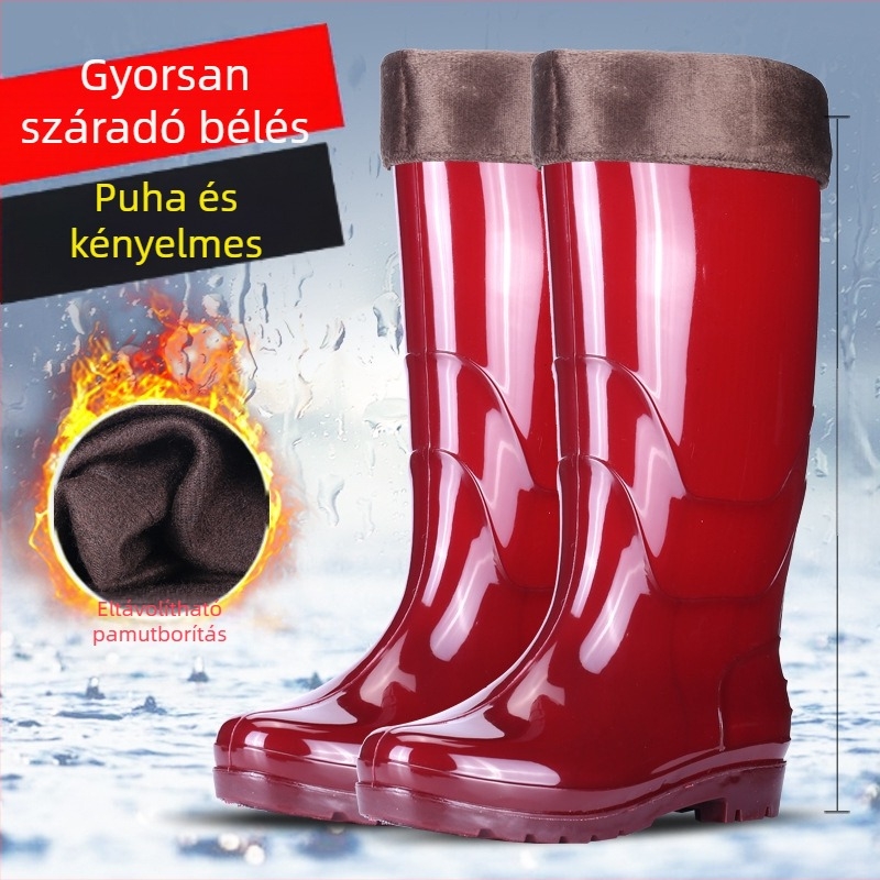 Felnőtteknek szánt esőcsizma — csúszásmentes, kopásálló, műanyag felsőrész és talp, kerek orr, alacsony sarka.