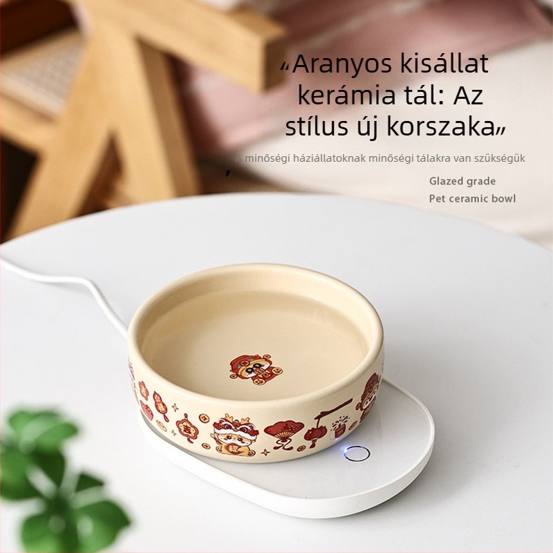 Kerámia macska víz- és etetőtál állandó hőmérsékletű melegítéssel, aranyos Dragon Year dizájn