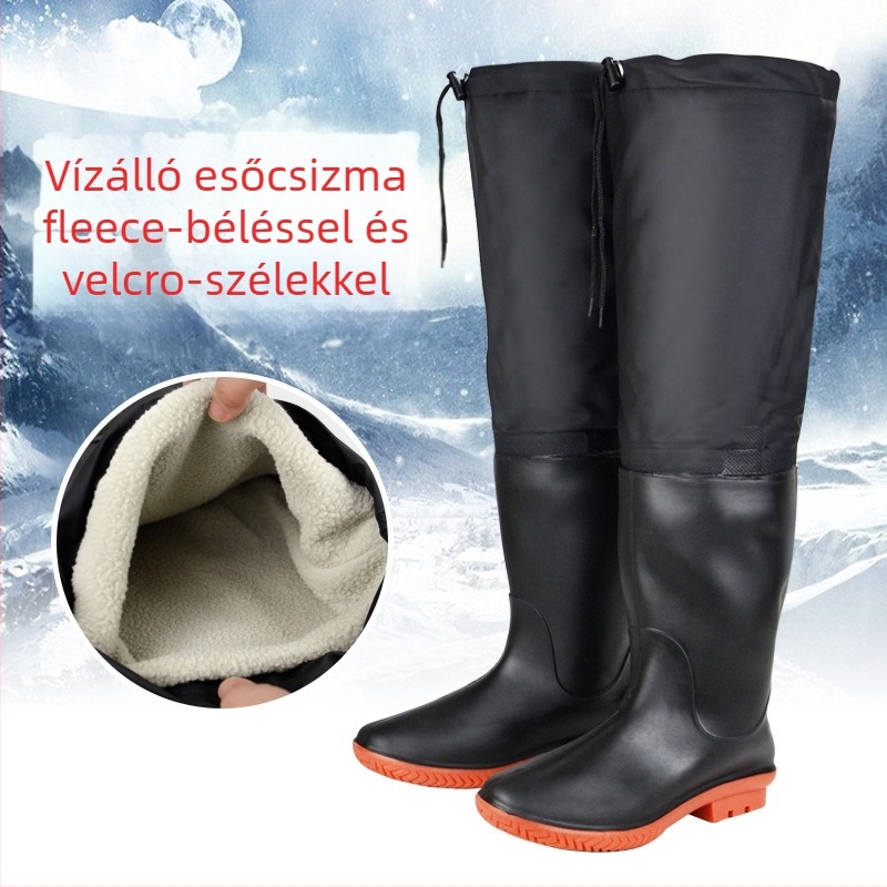 Horgászcsizmák vízállóak, meleg bélésűek, műanyag felsőrész és talp, térd feletti magasságú, őszi–téli szezonra