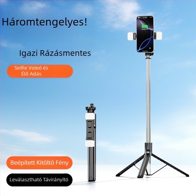Selfie stick beépített állvánnyal (X6 kibővített változat) – rozsdamentes acél + ABS, Bluetooth távirányító, képstabilizáció, testreszabható
