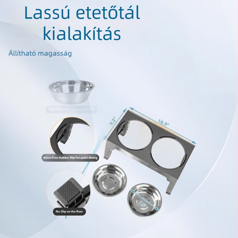 Rozsdamentes acélból készült megemelt dupla tálas etető macskáknak és kutyáknak, lassú etetéssel, állítható magasságú, nyakvédővel