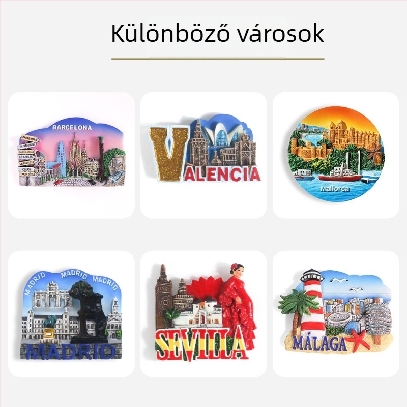 Műgyantából készült hűtőmágnesek — festett, személyre szabható utazási szuvenírek Madridból és Barcelonából, logónyomtatási lehetőség