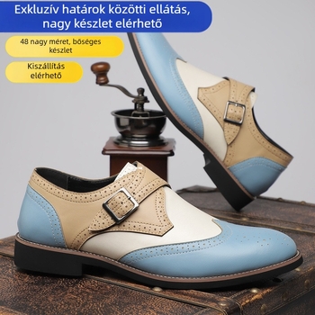 Férfi bőrcipő – Brogue stílus, üzleti-kényelmes viselet, PU felső rész, gumírozott talp, hegyes orr, csattal záródó