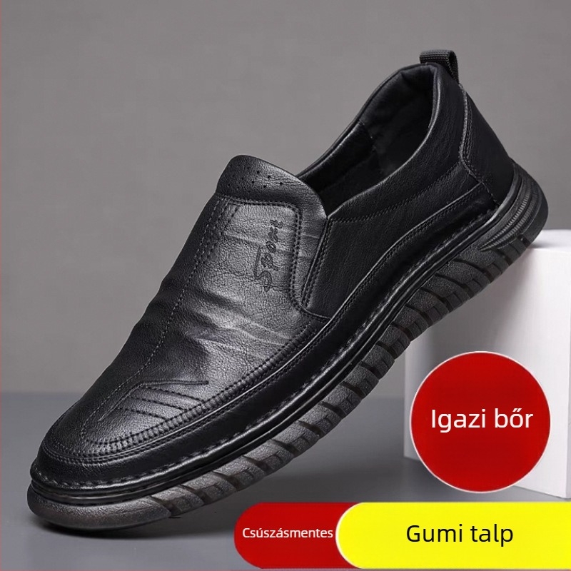 Férfi bőrlóferek, lélegző felsőrész, slip-on kialakítás, kerek orr, gumitalp