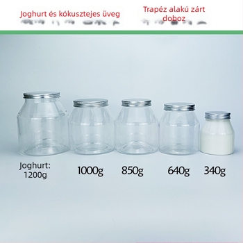Joghurtos üveg trapéz alakú csomagolással, átlátszó PET tartály, PVC műanyag, fűszertartó palack, kapacitás 1000 ml+, csomagolás: edény; fedél: átlátszó vagy alumínium