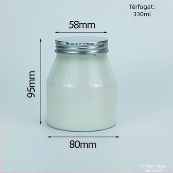 Joghurtos üveg trapéz alakú csomagolással, átlátszó PET tartály, PVC műanyag, fűszertartó palack, kapacitás 1000 ml+, csomagolás: edény; fedél: átlátszó vagy alumínium