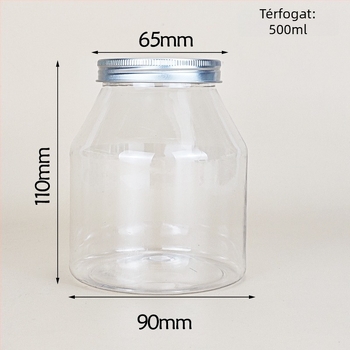 Joghurtos üveg trapéz alakú csomagolással, átlátszó PET tartály, PVC műanyag, fűszertartó palack, kapacitás 1000 ml+, csomagolás: edény; fedél: átlátszó vagy alumínium