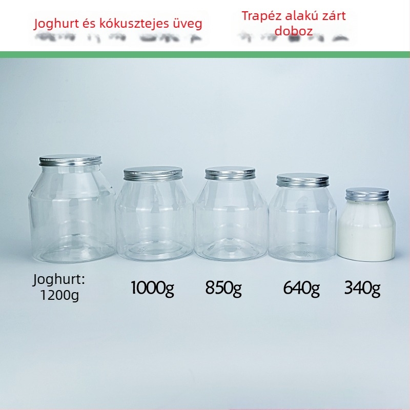 Joghurtos üveg trapéz alakú csomagolással, átlátszó PET tartály, PVC műanyag, fűszertartó palack, kapacitás 1000 ml+, csomagolás: edény; fedél: átlátszó vagy alumínium