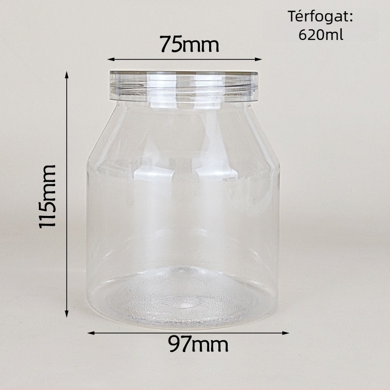 Joghurtos üveg trapéz alakú csomagolással, átlátszó PET tartály, PVC műanyag, fűszertartó palack, kapacitás 1000 ml+, csomagolás: edény; fedél: átlátszó vagy alumínium