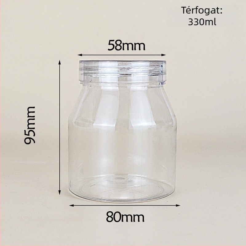 Joghurtos üveg trapéz alakú csomagolással, átlátszó PET tartály, PVC műanyag, fűszertartó palack, kapacitás 1000 ml+, csomagolás: edény; fedél: átlátszó vagy alumínium