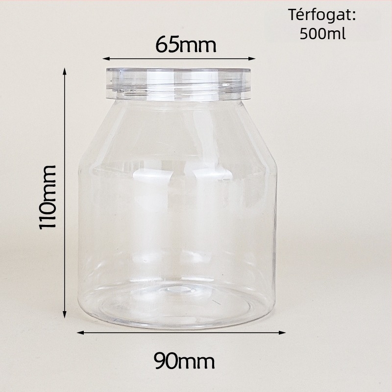 Joghurtos üveg trapéz alakú csomagolással, átlátszó PET tartály, PVC műanyag, fűszertartó palack, kapacitás 1000 ml+, csomagolás: edény; fedél: átlátszó vagy alumínium