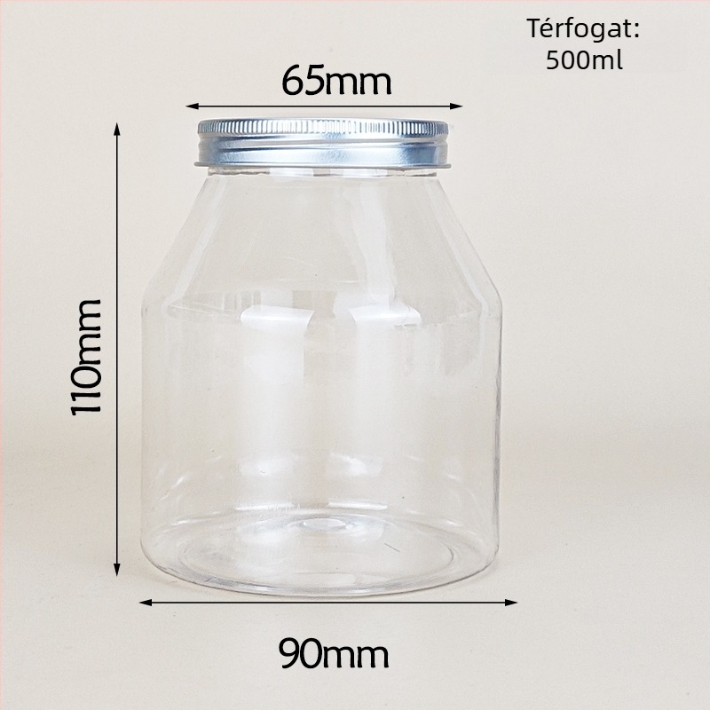 Joghurtos üveg trapéz alakú csomagolással, átlátszó PET tartály, PVC műanyag, fűszertartó palack, kapacitás 1000 ml+, csomagolás: edény; fedél: átlátszó vagy alumínium