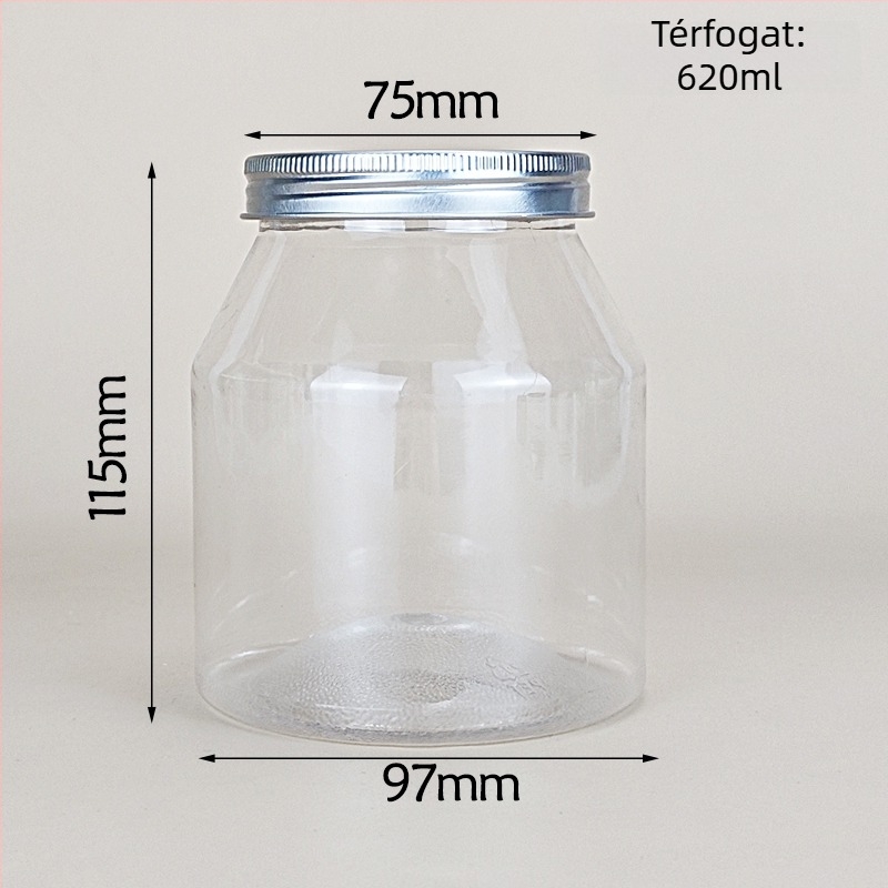 Joghurtos üveg trapéz alakú csomagolással, átlátszó PET tartály, PVC műanyag, fűszertartó palack, kapacitás 1000 ml+, csomagolás: edény; fedél: átlátszó vagy alumínium