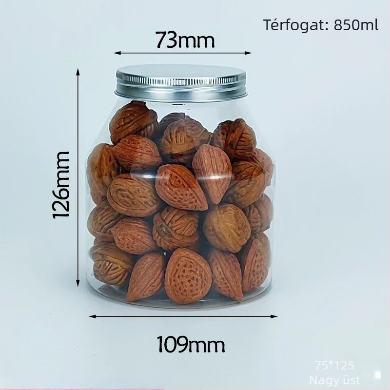 Joghurtos üveg trapéz alakú csomagolással, átlátszó PET tartály, PVC műanyag, fűszertartó palack, kapacitás 1000 ml+, csomagolás: edény; fedél: átlátszó vagy alumínium