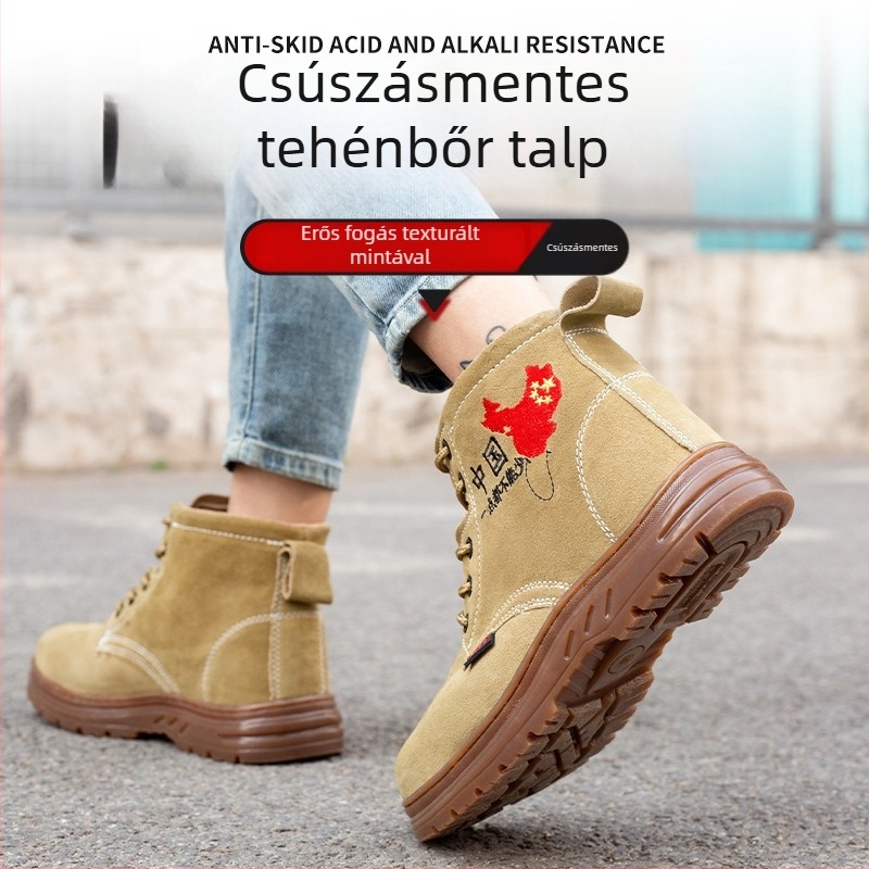 Férfi munkacipő acélorrú, perforáció- és ütésálló, suede borjúbőrből, középmagas