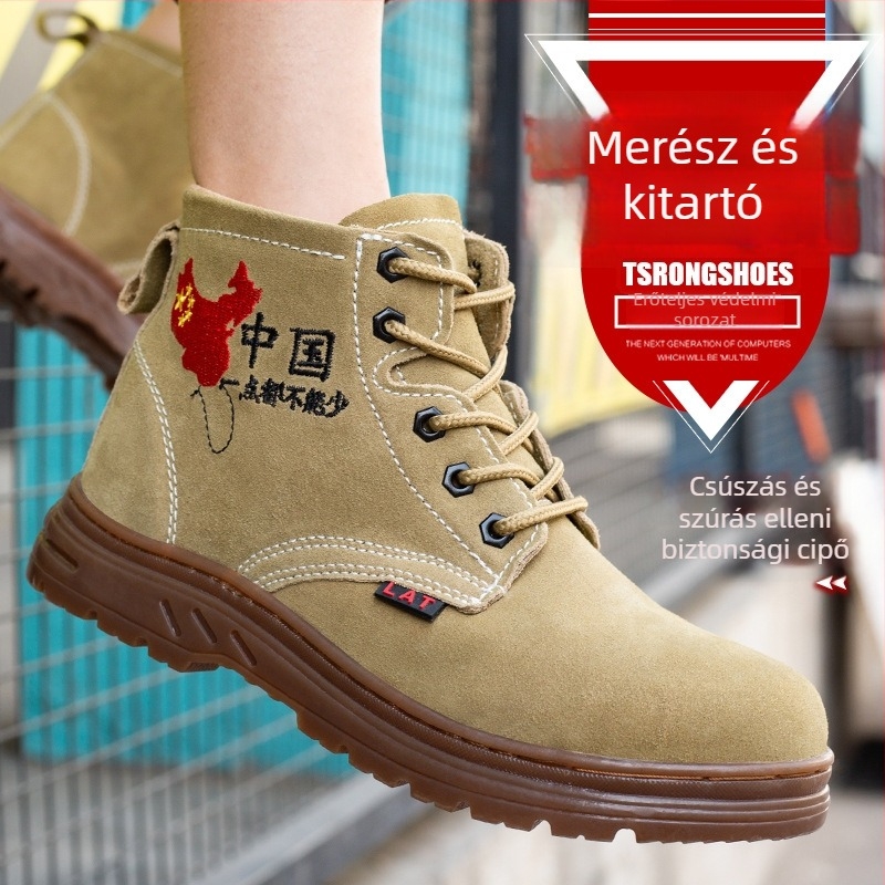 Férfi munkacipő acélorrú, perforáció- és ütésálló, suede borjúbőrből, középmagas