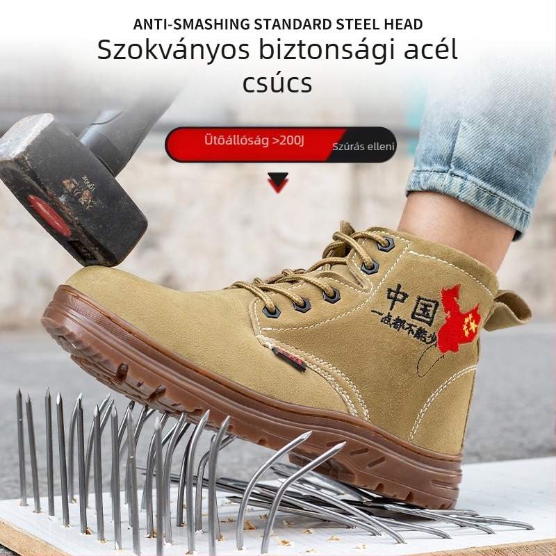 Férfi munkacipő acélorrú, perforáció- és ütésálló, suede borjúbőrből, középmagas