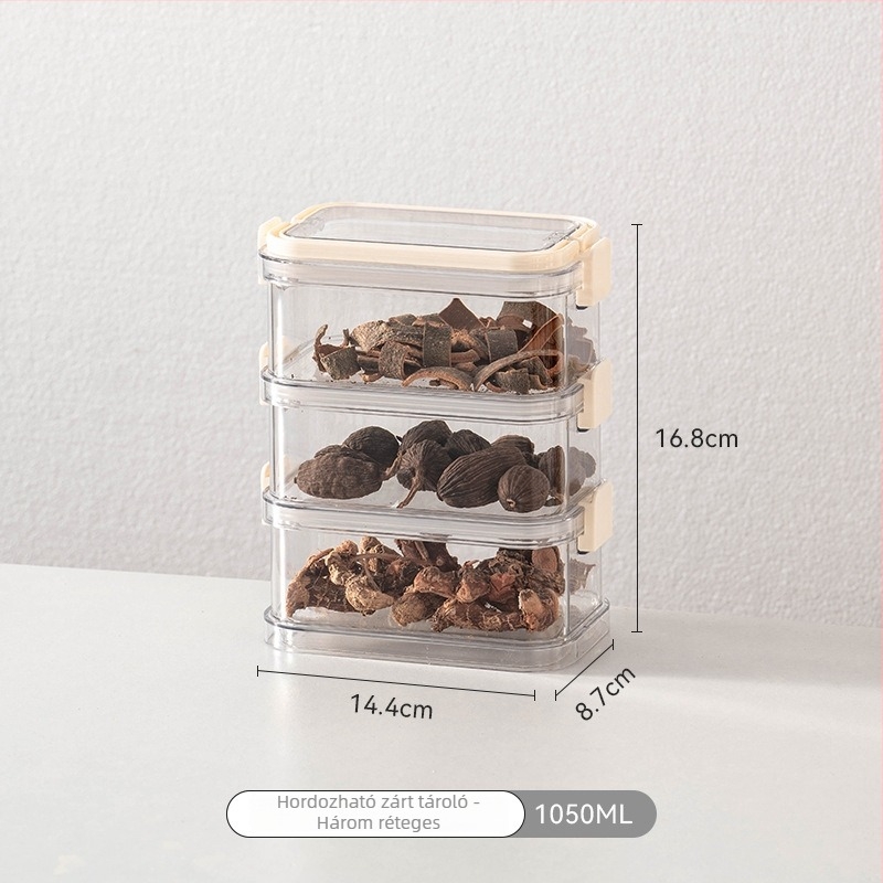 Fűszertároló doboz, 3 rétegű, négyzetes alakú, műanyag, 301–500 ml, nedvességálló