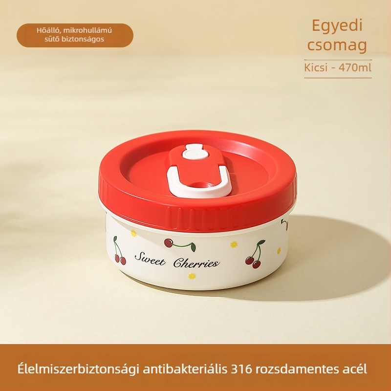 316 rozsdamentes acélból készült szigetelt ebédes doboz zárt fedéllel, mikrózható, kerek alakú, kapacitás 301–800 ml