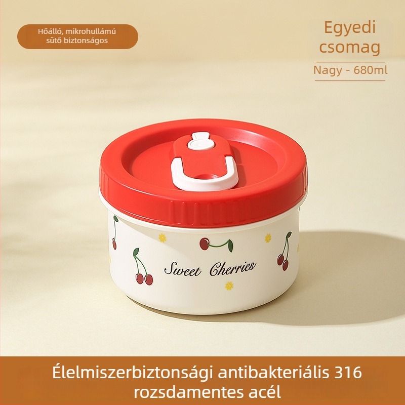 316 rozsdamentes acélból készült szigetelt ebédes doboz zárt fedéllel, mikrózható, kerek alakú, kapacitás 301–800 ml