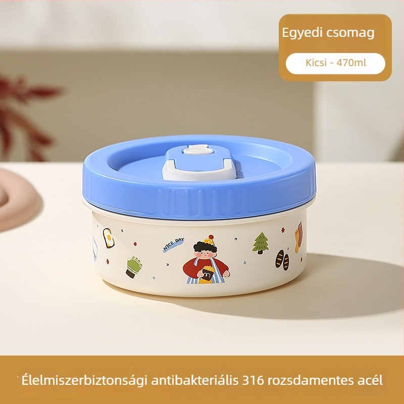 316 rozsdamentes acélból készült szigetelt ebédes doboz zárt fedéllel, mikrózható, kerek alakú, kapacitás 301–800 ml