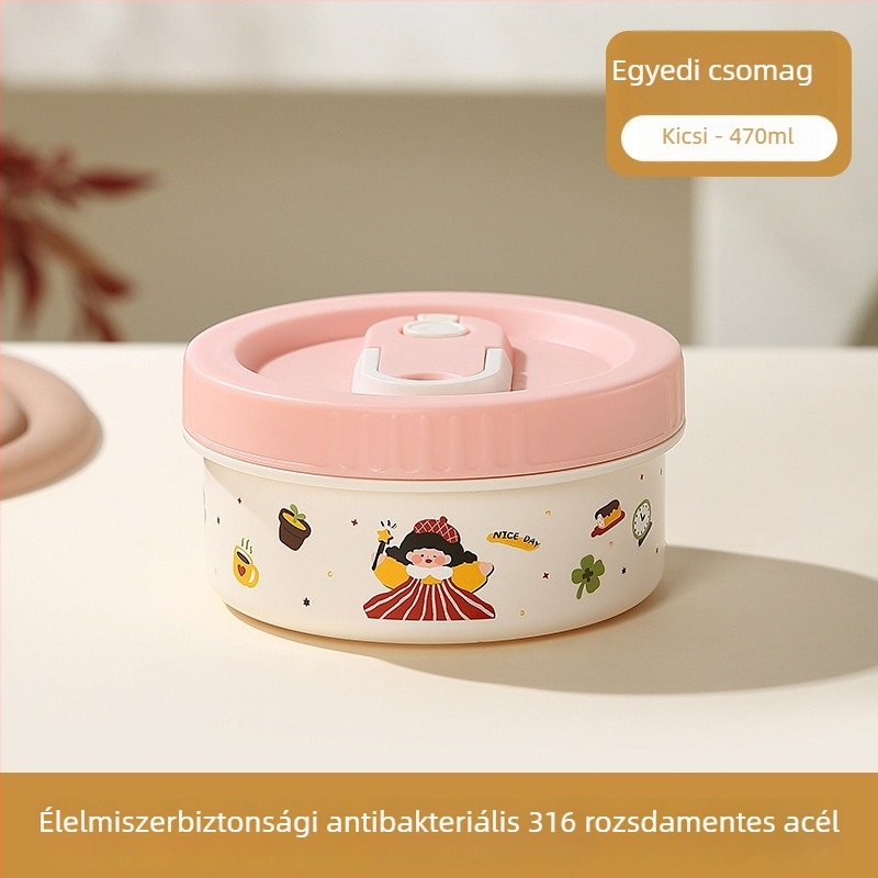 316 rozsdamentes acélból készült szigetelt ebédes doboz zárt fedéllel, mikrózható, kerek alakú, kapacitás 301–800 ml