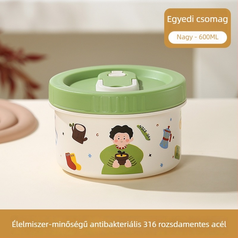 316 rozsdamentes acélból készült szigetelt ebédes doboz zárt fedéllel, mikrózható, kerek alakú, kapacitás 301–800 ml