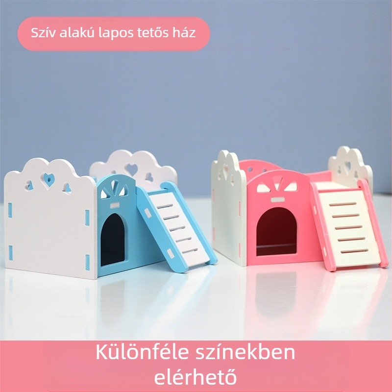 Fa-plasztikus kunyhó hörcsögök és tengerimalacok számára, lapos tetővel — odú és ketrec