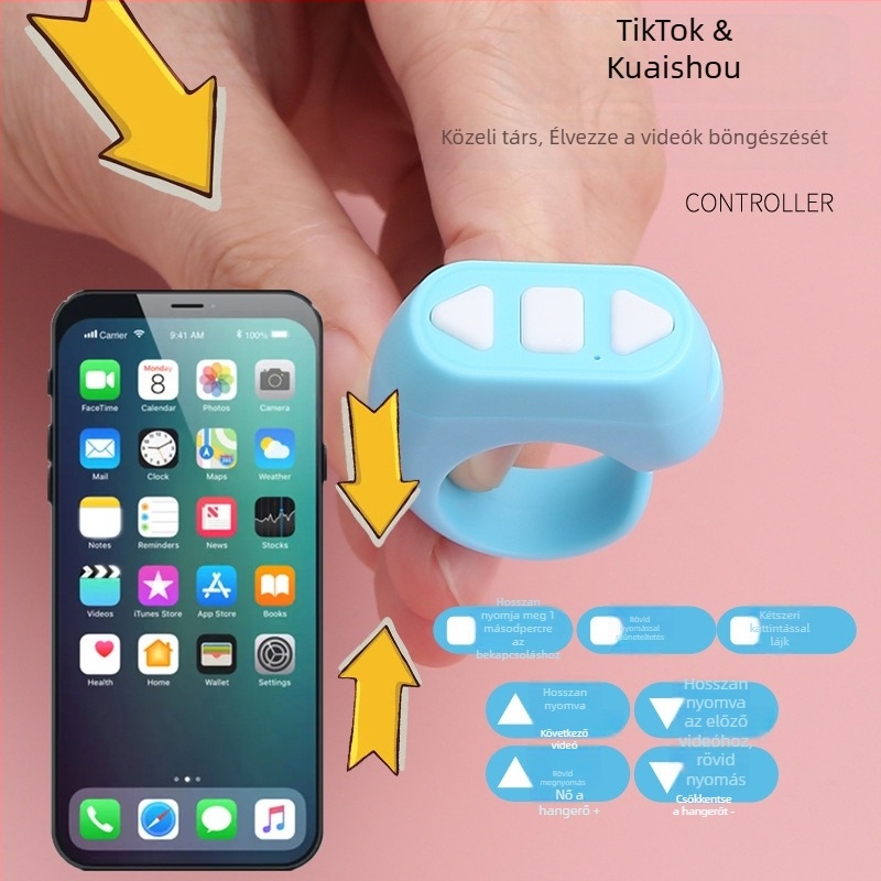 ZL-03 Bluetooth gyűrűs távirányító — USB interfész, 10 m vezeték nélküli hatótávolság, 10 g súly, műanyag kivitel, gyűrűben viselhető