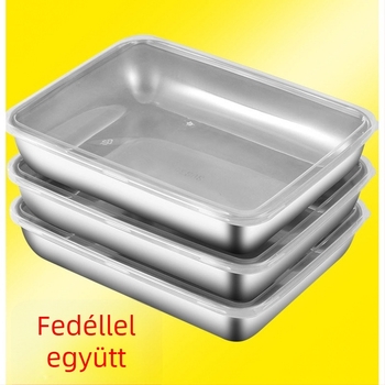 304 rozsdamentes acélból készült ebédes doboz fedővel, téglalap alakú, mikrohullámú sütőben használható, kapacitás 300 ml alatt, egy rétegű