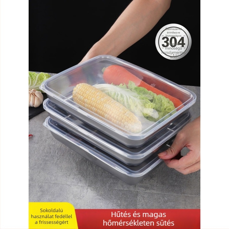 304 rozsdamentes acélból készült ebédes doboz fedővel, téglalap alakú, mikrohullámú sütőben használható, kapacitás 300 ml alatt, egy rétegű