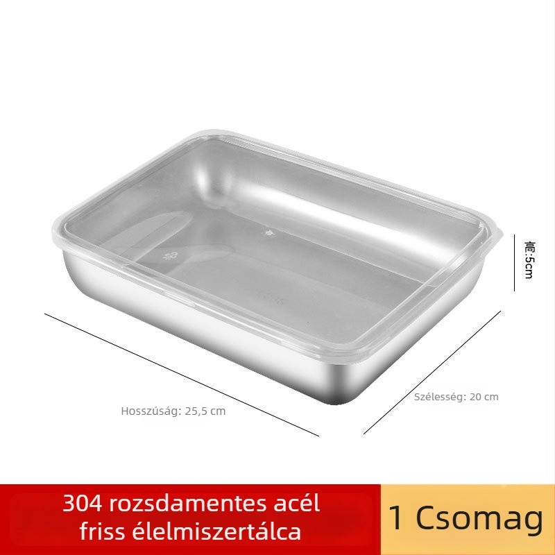 304 rozsdamentes acélból készült ebédes doboz fedővel, téglalap alakú, mikrohullámú sütőben használható, kapacitás 300 ml alatt, egy rétegű