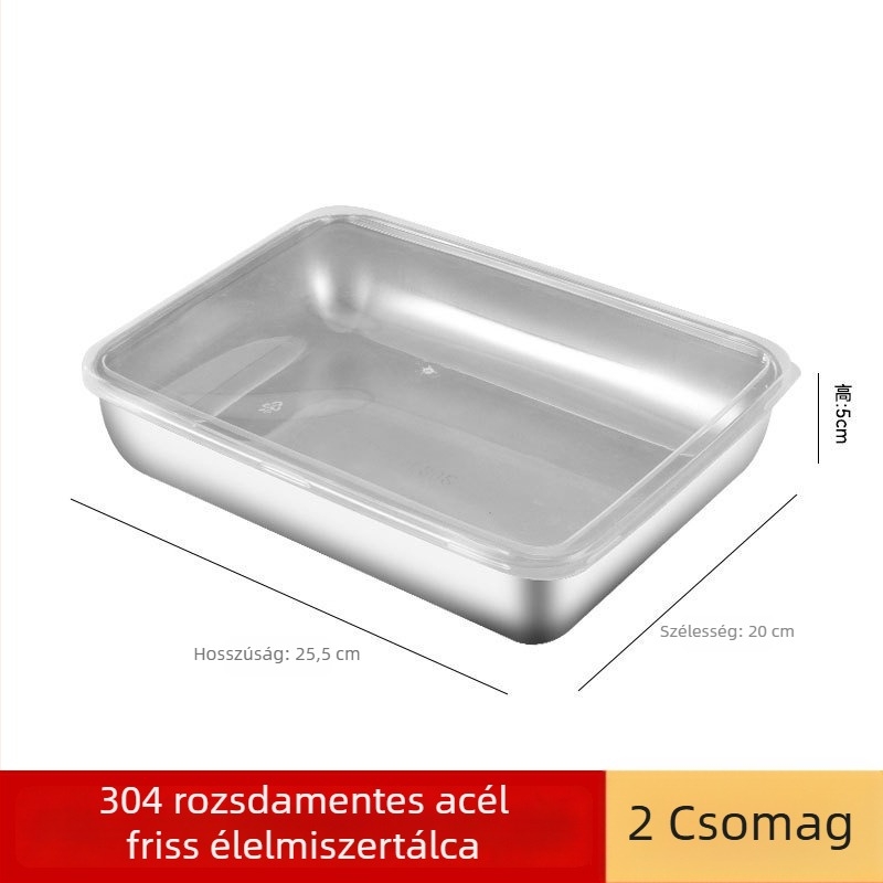304 rozsdamentes acélból készült ebédes doboz fedővel, téglalap alakú, mikrohullámú sütőben használható, kapacitás 300 ml alatt, egy rétegű